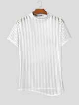 Men's Avant-Garde High Street Sheer Trend Vertical Stripe Mesh Mock Neck T-shirt SKUL64165