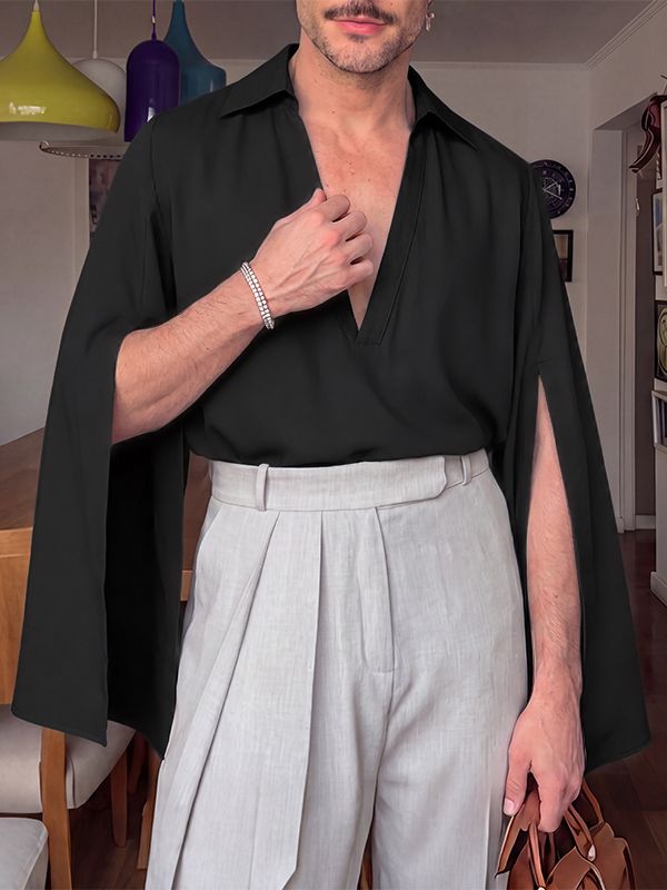 Men's Avant-Garde Deep V-Neck Cape Sleeve Drapey Shirt SKUL78050