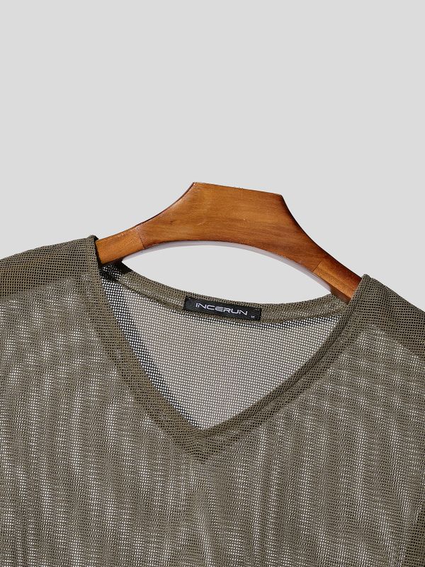 Men's Avant-Garde Sheer Mesh V-Neck Drop-Shoulder T-shirt SKUL80625