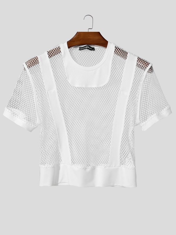 Men's Avant-Garde Sheer Mesh Harness-Detail Cropped Short Sleeve T-shirt SKUL57685