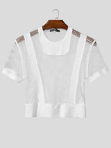 Men's Avant-Garde Sheer Mesh Harness-Detail Cropped Short Sleeve T-shirt SKUL57685