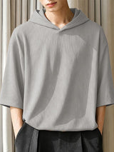 Men's High Street Casual Ribbed Drop Shoulder Hooded Half Sleeve T-shirt SKUL74691
