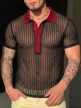 Men's Avant-Garde Two-Tone Contrast Collar Sheer Vertical Stripe Short Sleeve Polo Shirt SKUL74576