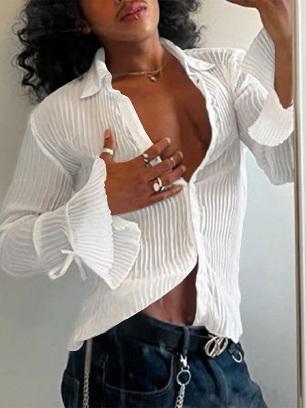 Men's Textured Flared Split Cuff Long Sleeve Shirt SKUL26978