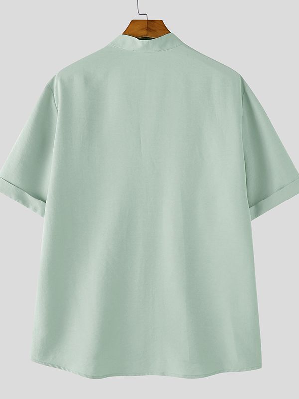 Men's Solid Color Stand Collar Short Sleeve Shirt SKUL49916