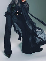 Men's Ruffled Patchwork Sheer Mesh Long Sleeve Shirt SKUL27365