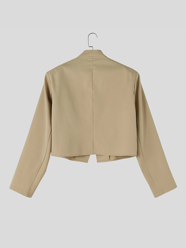 Men's Avant-Garde Deconstructed Stage Runway Asymmetric Stand Collar Buckle Cropped Blazer SKUL85938