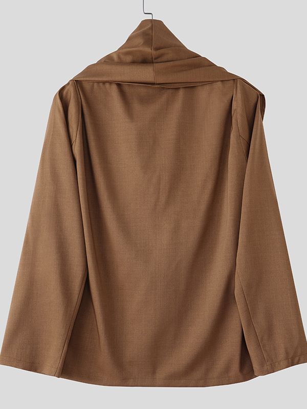 Men's Solid Color Draped Collar Long Sleeve Shirt SKUL36353