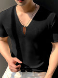 Mens Solid Texture V-Neck Casual T-Shirt SKUK48458