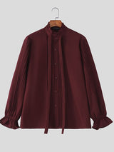 Men's Solid Color Ribbon Pleated Ruffle Long Sleeve Shirt SKUL43737
