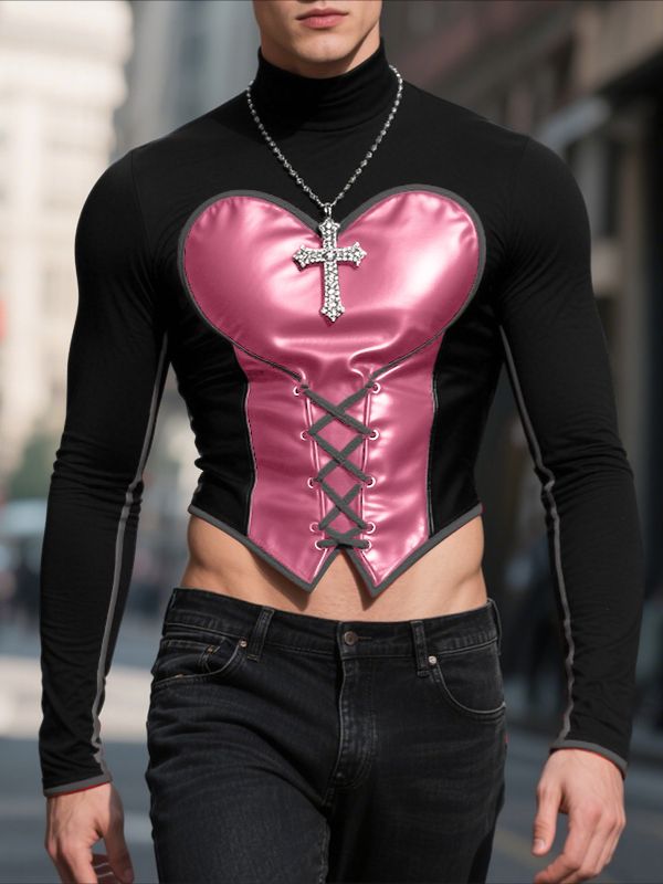 Men's Heart Color Block Drawstring Cropped Long Sleeve T Shirt SKUL30338