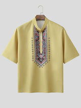 Men's Modern Neo-Chinese Ethnic Geometric Print Deconstructed Keyhole Stand Collar Short Sleeve Shirt SKUL60994