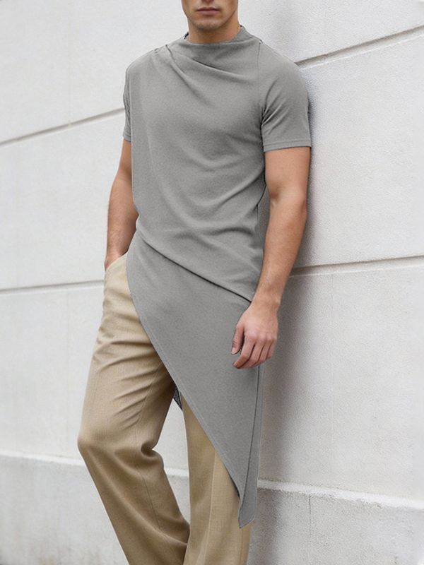 Men's Solid Color Asymmetric Hem Short Sleeve T-shirt SKUL60958