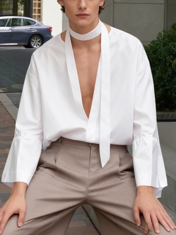 Men's Ribbon Deep V Neck Long Sleeve Shirt SKUL46568