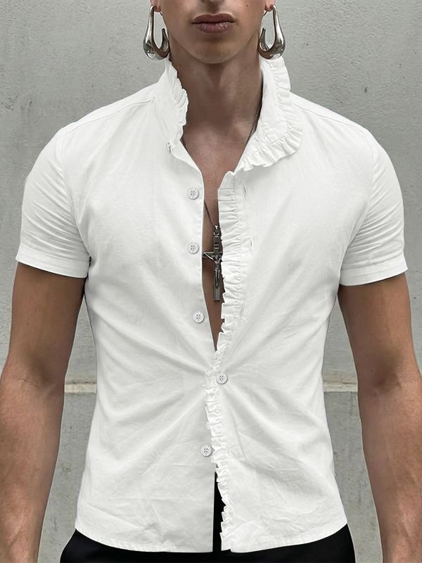 Men's Solid Color Ruffle Patchwork Short Sleeve Shirt SKUL57656