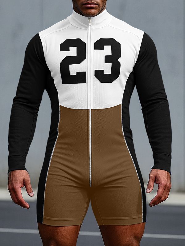 Men's Number Print Zip Long Sleeve Bodysuit SKUL31985