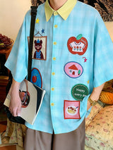 Men's Cartoon Print Plaid Half Sleeve Shirt SKUL45986