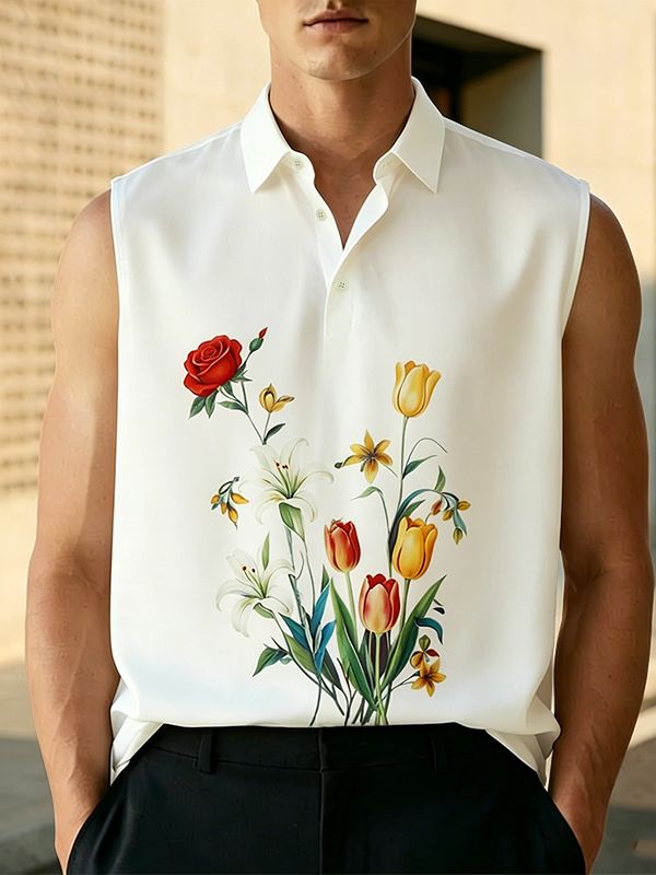 Men's Casual Daily Wear Floral Print Sleeveless Polo Collared Tank SKUL61919