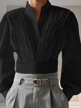 Men's Solid Color Pleated Long Sleeve Shirt SKUL43552