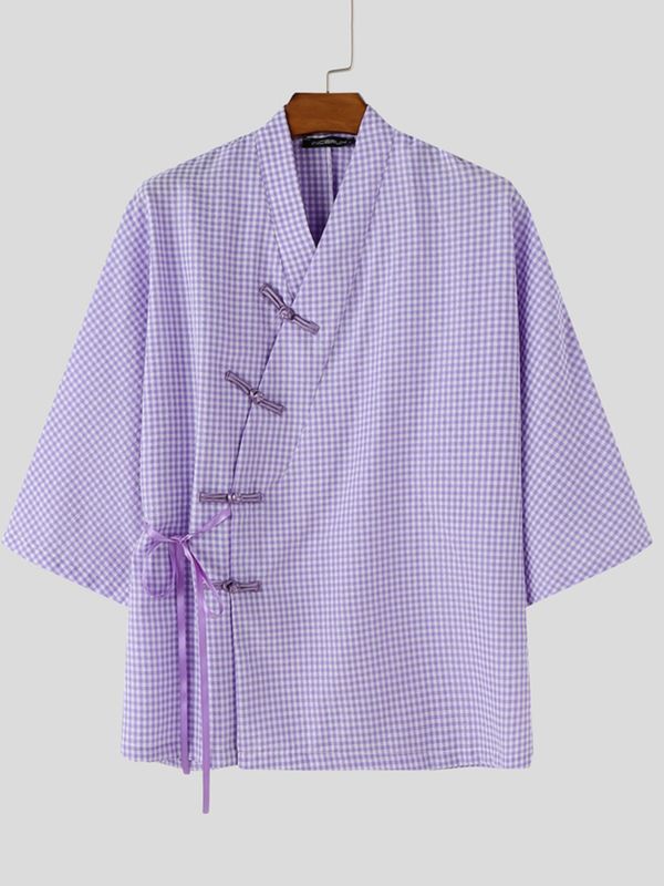 Men's Asymmetric Placket Plaid Frog Button Half Sleeve Cardigan SKUL62020