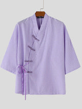 Men's Asymmetric Placket Plaid Frog Button Half Sleeve Cardigan SKUL62020