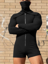 Men's Knitted Textured Lapel Zipper Long Sleeve Bodysuit SKUL45147
