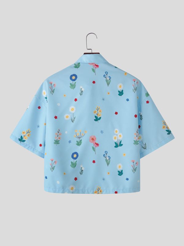 Men's Summer Vacation Floral Print Cropped Short Sleeve Button Up Casual Shirt SKUL69097