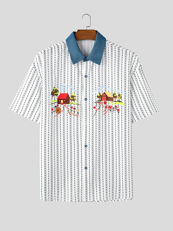 Mens Cartoon Print Striped Short Sleeve Shirt SKUK96994