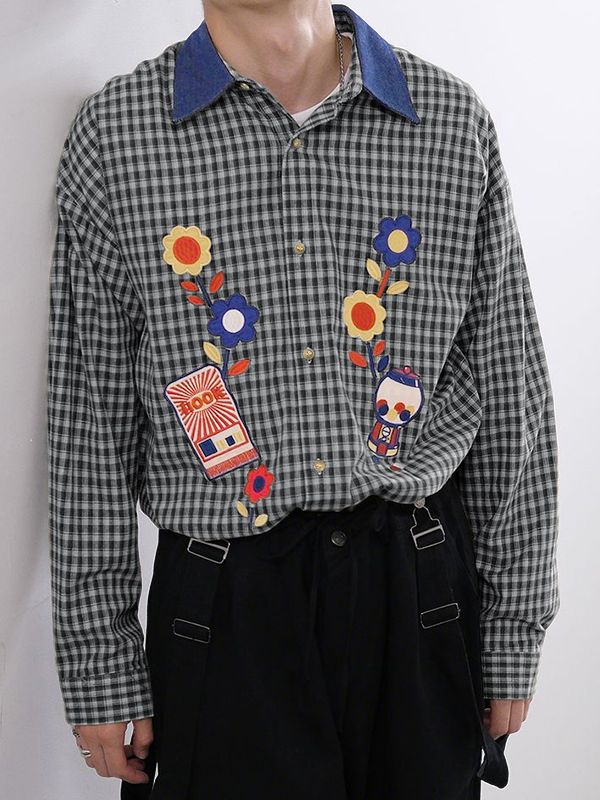 Men's Plaid Print Contrast Color Long Sleeve Shirt SKUL42675