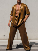 Men's Satin-like Deep V Draped Neck Two Pieces Outfit SKUL55429