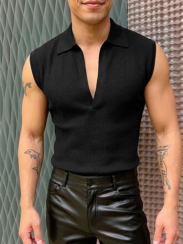 Men's Avant-Garde Retro Open Placket Deep V-Neck Ribbed Fitted Sleeveless Polo Tank SKUL73668