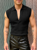 Men's Avant-Garde Retro Open Placket Deep V-Neck Ribbed Fitted Sleeveless Polo Tank SKUL73668