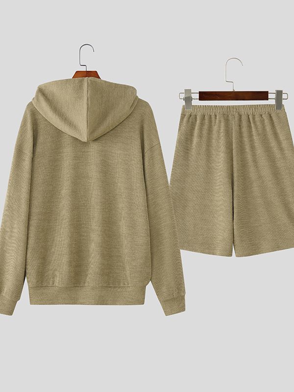 Men's Knit Textured Hooded Two Piece Outfit SKUL43933