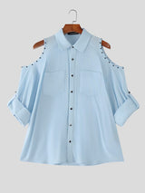 Men's Avant-Garde Riveted Cold-Shoulder Utility Short Sleeve Shirt SKUL54737