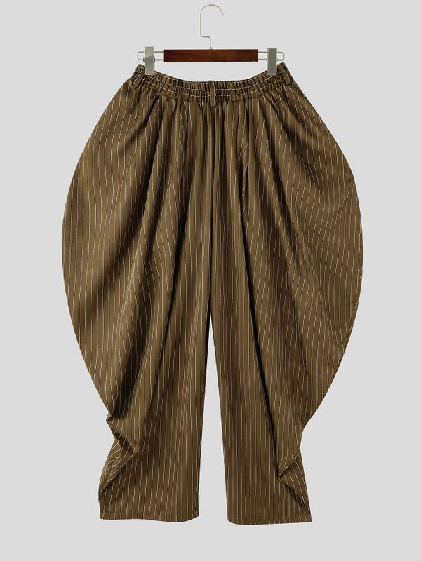 Men's Avant-Garde Pinstripe Deep-Pleated Lantern Silhouette Drop-Crotch Pant SKUL79741
