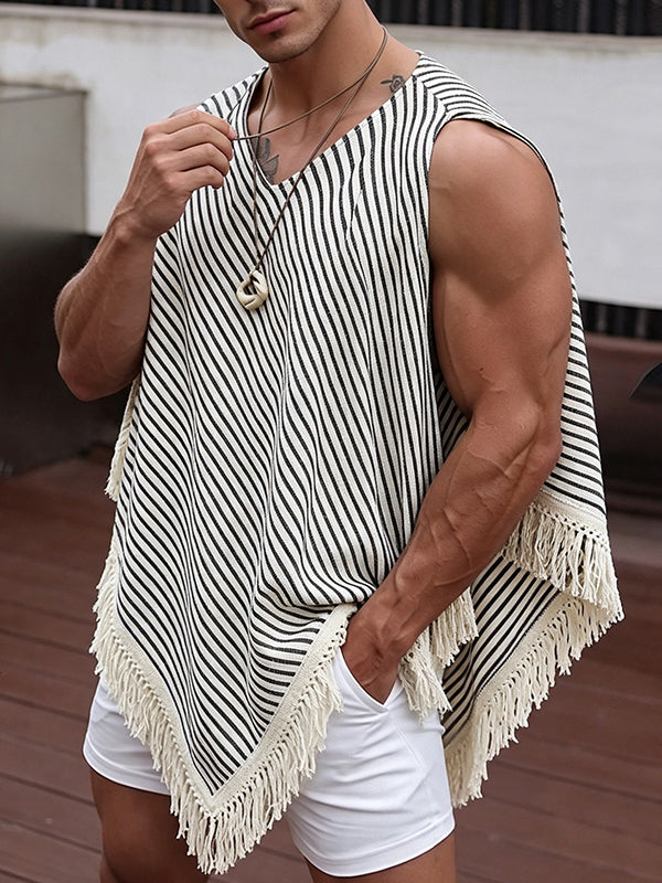 Men's Avant-Garde Party Raw Fringed Diagonal Stripe Oversized Sleeveless V-Neck Tank SKUL81030