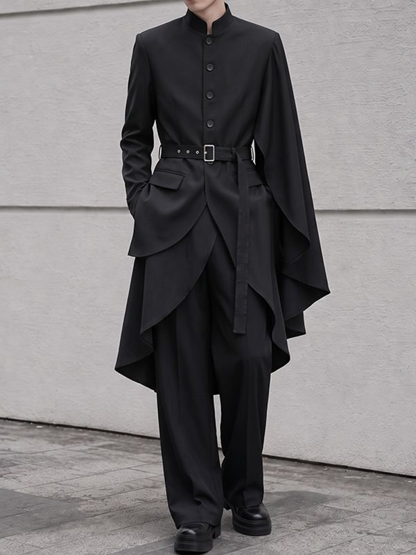 Men's Avant-Garde Runway Asymmetrical Cape Cloak Tiered Layered Hem Belted Long Sleeve Stand Collar Blazer SKUL78341