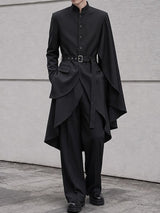 Men's Avant-Garde Runway Asymmetrical Cape Cloak Tiered Layered Hem Belted Long Sleeve Stand Collar Blazer SKUL78341