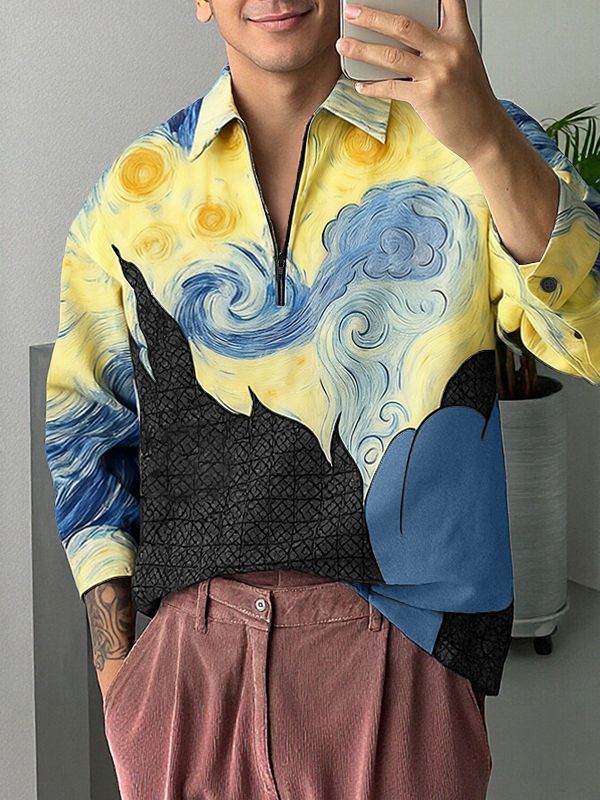 Men's Oil Painting Print Design Long Sleeve Shirt SKUL38589