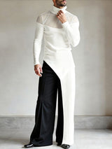 Men's Sheer Mesh Patchwork Knitted High Neck Long Sleeve T-shirt SKUL43804