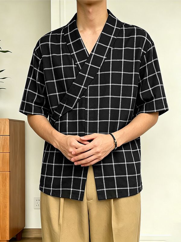 Men's Asymmetric Placket Plaid Frog Button Half Sleeve Shirt SKUL61924