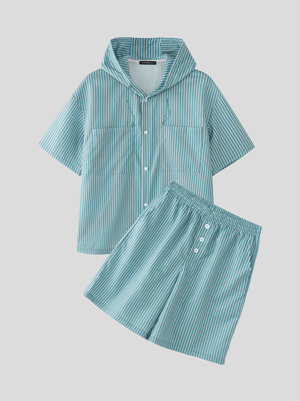 Mens Striped Hooded Casual Two Pieces Outfit SKUL17852