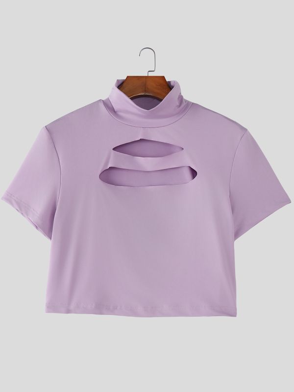 Men's Streetwear Slim Fit Chest Cut Out Mock Neck Cropped T-shirt SKUL51882