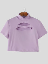 Men's Streetwear Slim Fit Chest Cut Out Mock Neck Cropped T-shirt SKUL51882