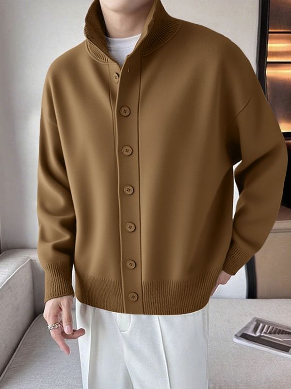 Men's Solid Knit Stand Collar Long Sleeve Cardigan SKUL34231