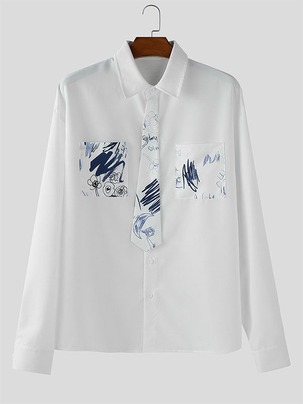 Men's Graffiti Print Faux Tie Long Sleeve Shirt SKUL27354