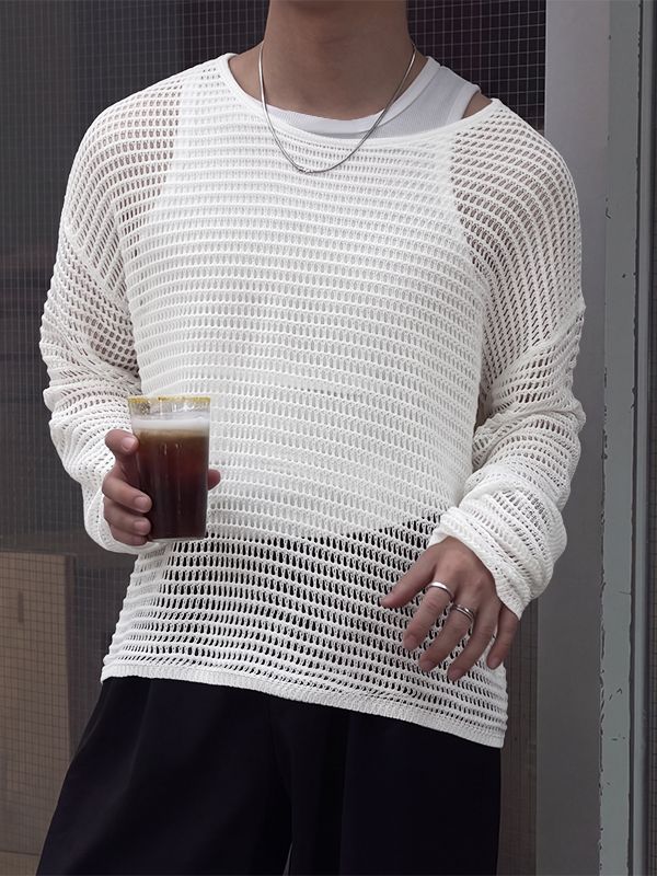 Men's Sexy Party Horizontal Stripe Open Knit See-Through Loose Long Sleeve T-shirt SKUL81855