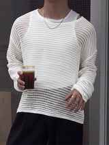 Men's Sexy Party Horizontal Stripe Open Knit See-Through Loose Long Sleeve T-shirt SKUL81855