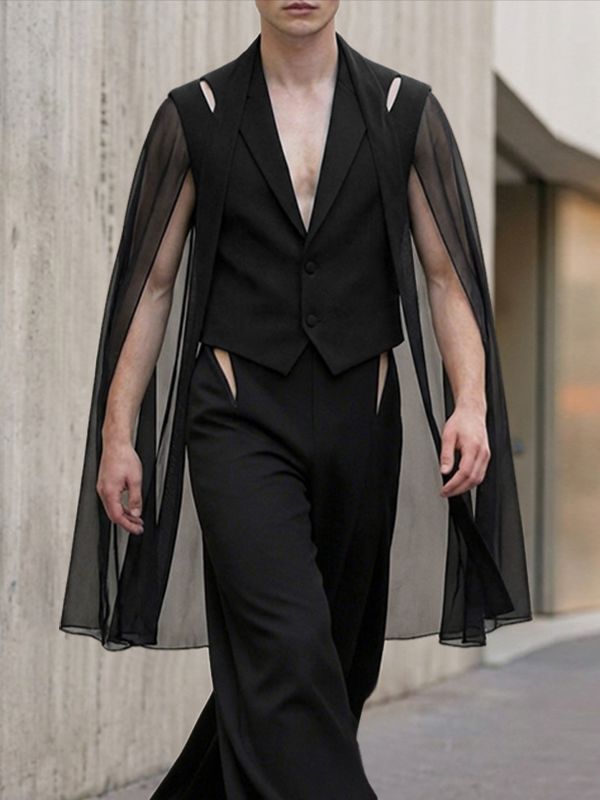 Men's Avant-Garde Runway Cropped Long Sheer Cape Waistcoat SKUL56322