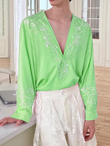 Men's Satin Embroidered V Neck Long Sleeve Shirt SKUL28240